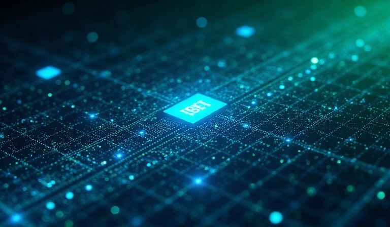 Egy digitális adatfolyamot és biztonságot szimbolizáló kép, kék és zöld színekkel, ami az adatvédelmet és a technológiai biztonságot hangsúlyozza.