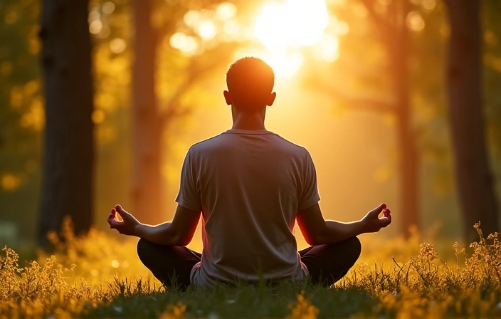 FérfiErő története, egy férfi meditál a természetben, napfényes környezetben, erős és nyugodt kisugárzással.