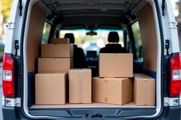 Csomagok egy futárszolgálati autóban, logisztikát és gyors szállítást szimbolizálva.