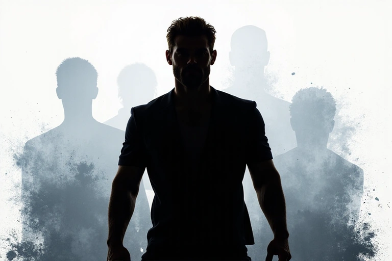 Férfi sziluett, erőt és magabiztosságot sugárzó testtartással, modern, absztrakt háttérrel.