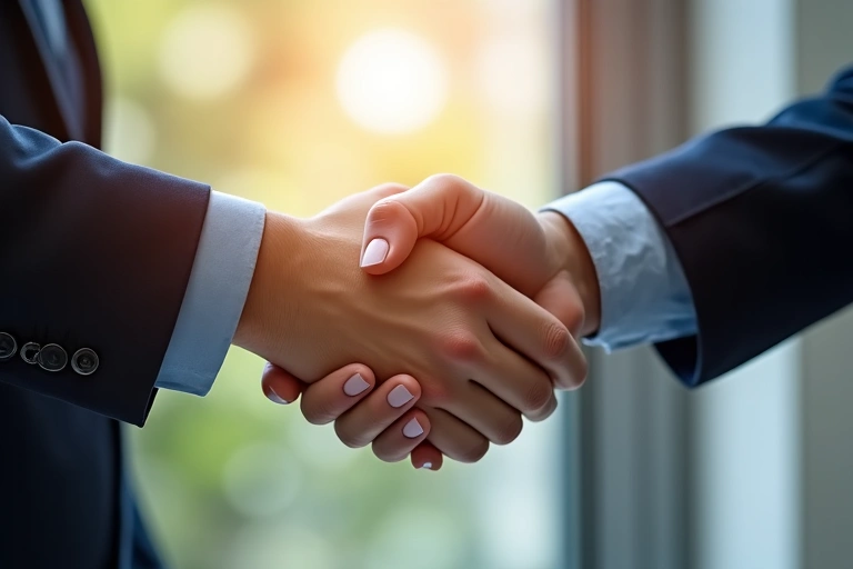 Kézfogás, ami a bizalmat és a garanciát szimbolizálja, elmosódott háttérrel.